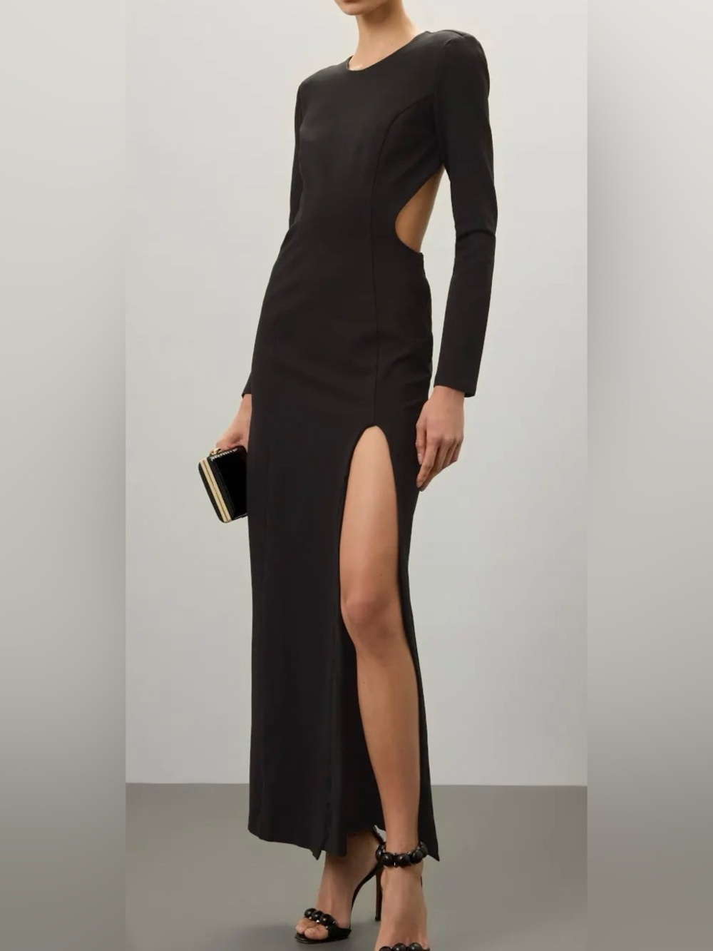 NICHOLAS Black Long-Sleeve Cutout Gown with High Thigh Slit